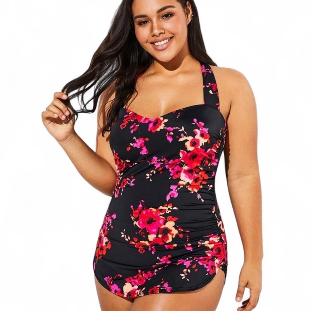 NWT Meet Curve Poppies H-Back Sarong Front One Piece Swimsuit Size XL